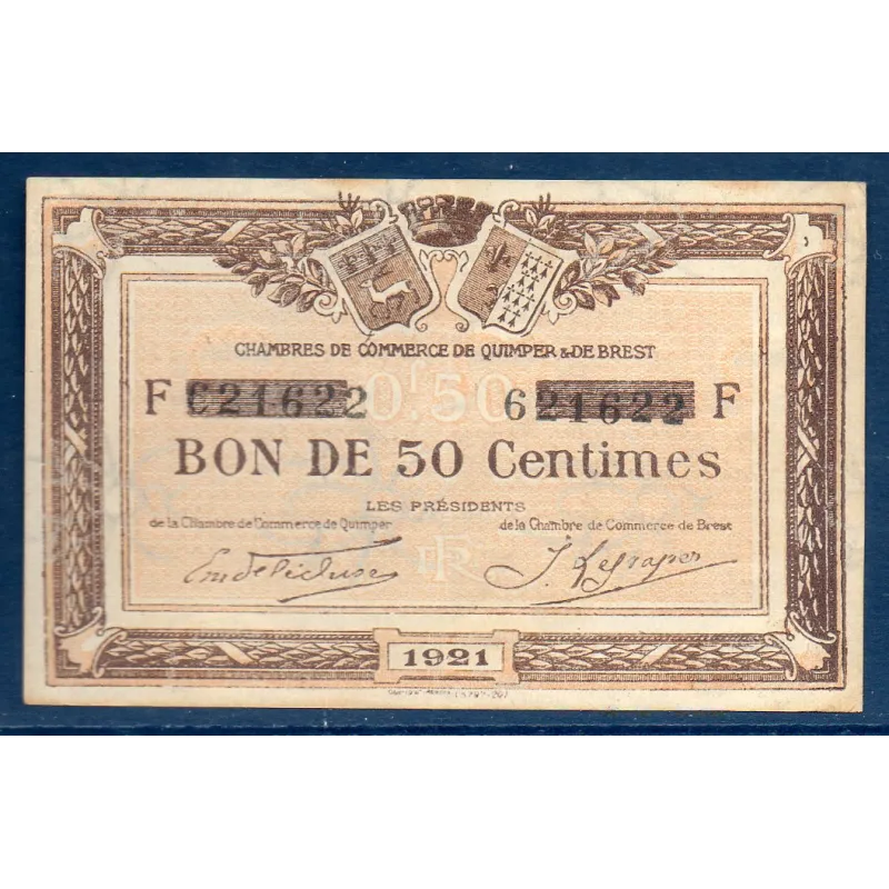 Quimper et Brest 50 centimes, TTB, 1921 Pirot 104.19 Billet de la chambre de commerce Quimper et Brest 50 centimes, TTB, 1921 Pirot 104.19 Billet de la chambre de commerce