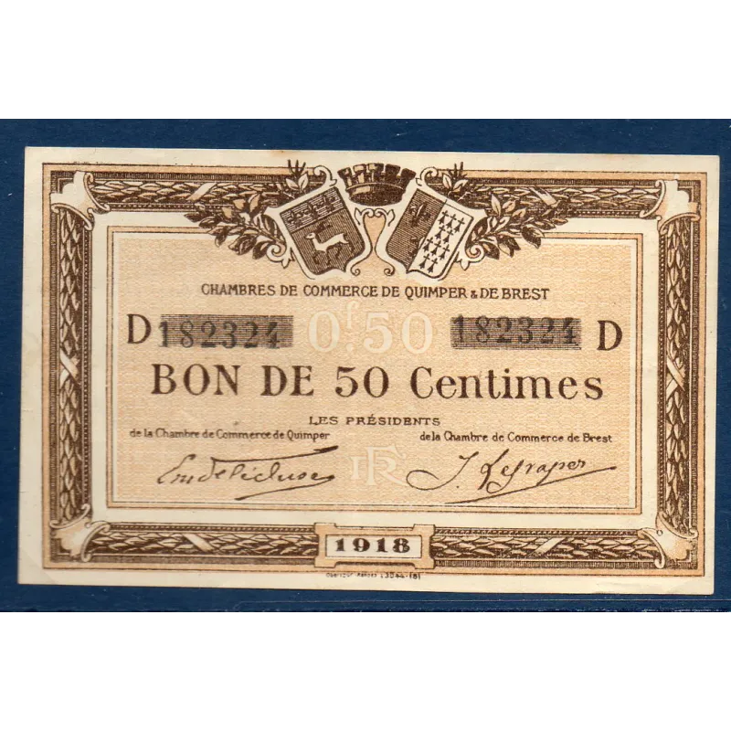 Quimper et Brest 50 centimes, TTB, 1918 Pirot 104.10 Billet de la chambre de commerce Quimper et Brest 50 centimes, TTB, 1918 Pirot 104.10 Billet de la chambre de commerce
