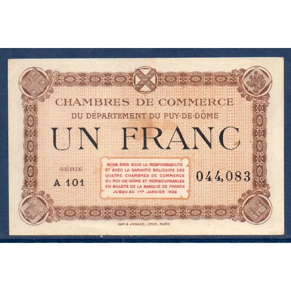 Puy-de-Dôme 1 franc, Sup, ND Pirot 103.24 Billet de la chambre de commerce
