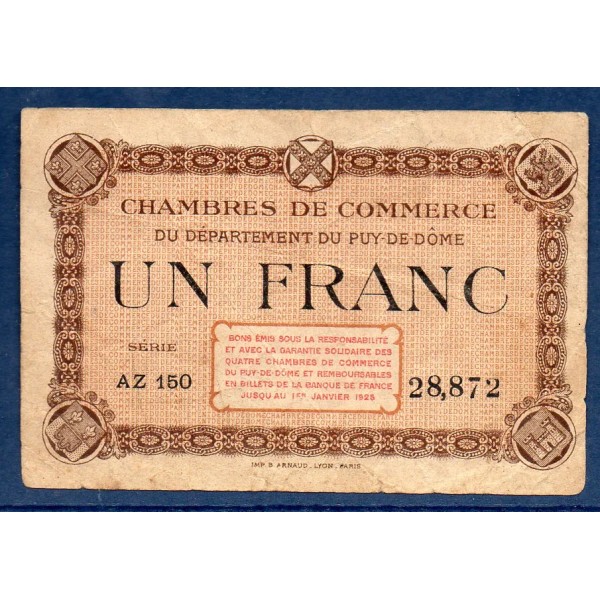 Puy-de-Dôme 1 franc, TB, ND Pirot 103.21 Billet de la chambre de commerce