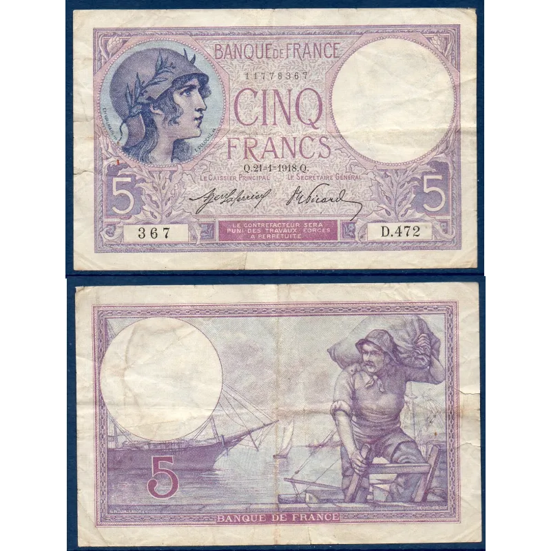 5 Francs Violet, TB-, 21.1.1918 Billet de la banque de France 5 Francs Violet, TB-, 21.1.1918 Billet de la banque de France