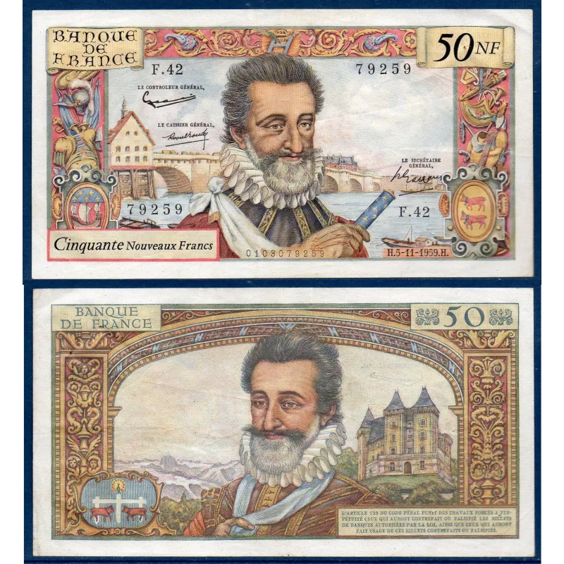 50 Nouveaux Francs Henri IV, TTB+, 5.11.1959 Billet de la banque de France 50 Nouveaux Francs Henri IV, TTB+, 5.11.1959 Billet de la banque de France