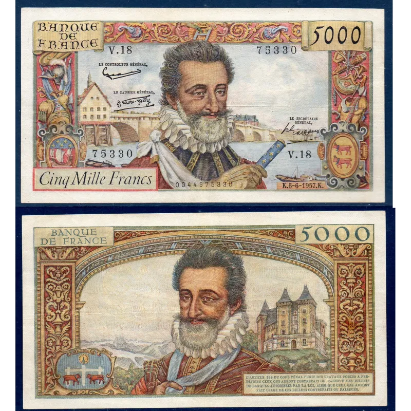5000 Francs Henri IV, TTB, 6.6.1957 Billet de la banque de France 5000 Francs Henri IV, TTB, 6.6.1957 Billet de la banque de France