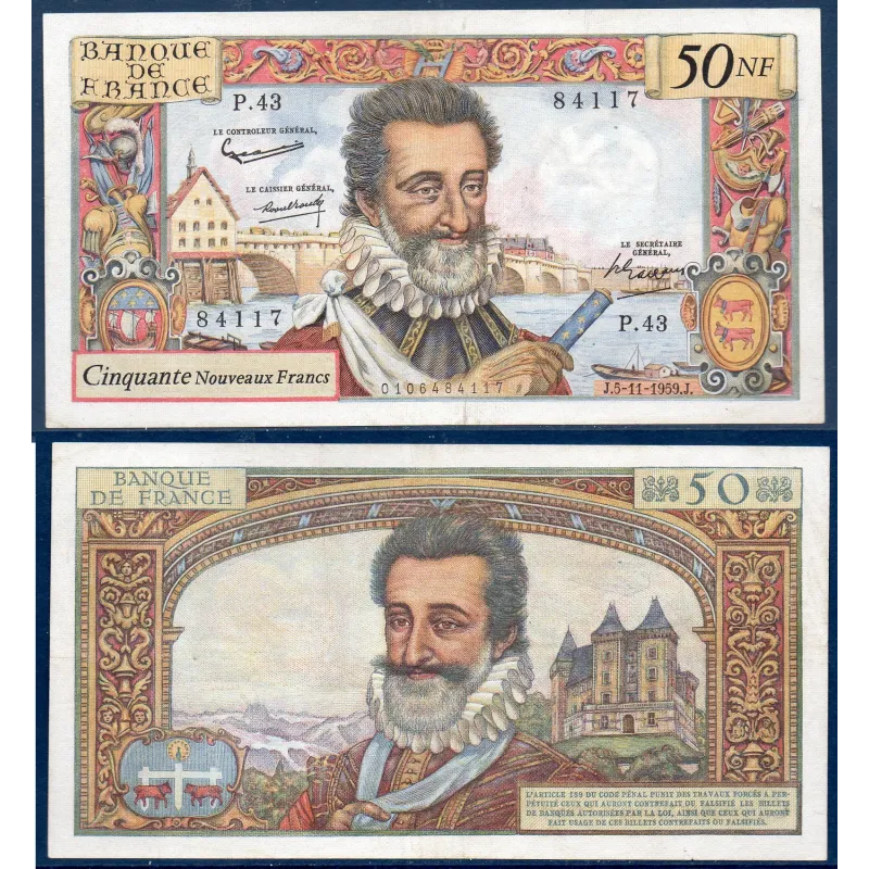 50 Nouveaux Francs Henri IV, TTB+, 5.11.1959 Billet de la banque de France 50 Nouveaux Francs Henri IV, TTB+, 5.11.1959 Billet de la banque de France