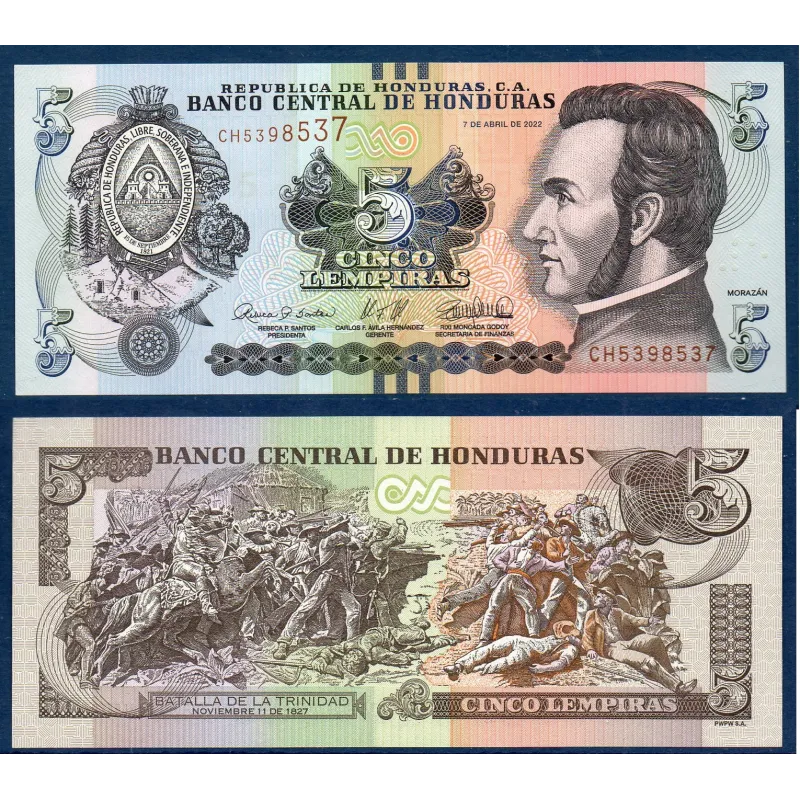 Honduras P.98e, Neuf Billet de 5 Lempiras 2022 Francisco Morazan Honduras P.98e, Neuf Billet de 5 Lempiras 2022 Francisco Morazan