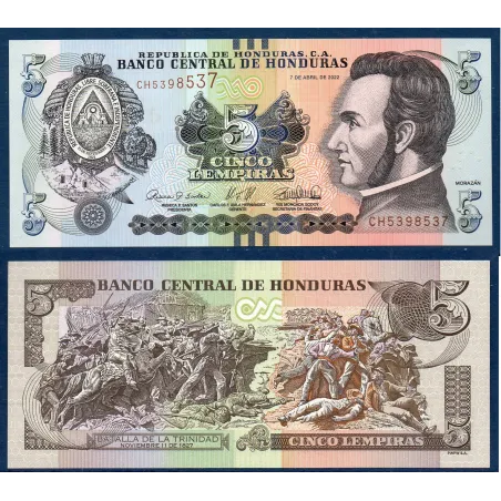 Honduras P.98e, Neuf Billet de 5 Lempiras 2022 Francisco Morazan