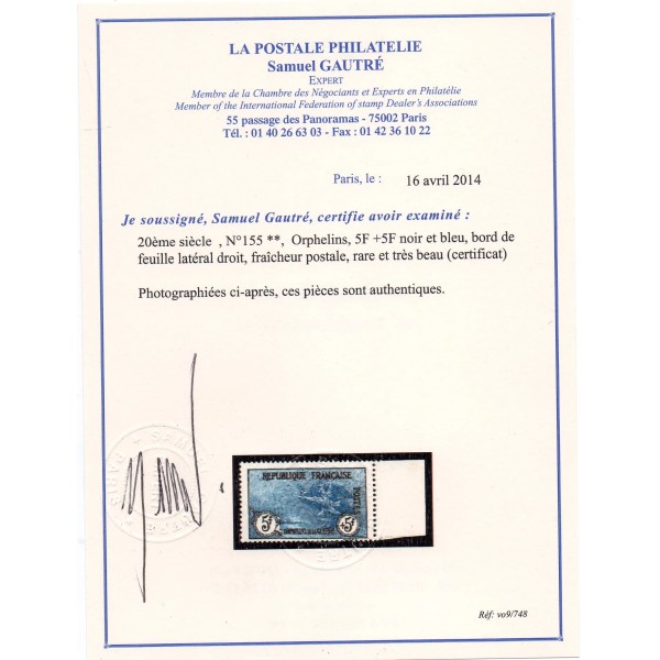 Timbre France Yvert No 155 Orphelin de la Guerre Noir et bleu neuf ** avec certificat