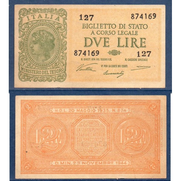 Italie P.30a, TTB Billet de 2 Lire 1944 Italia