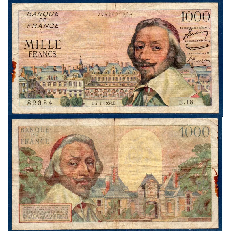 1000 Francs Richelieu, B, 7.1.1954 Billet de la banque de France 1000 Francs Richelieu, B, 7.1.1954 Billet de la banque de France