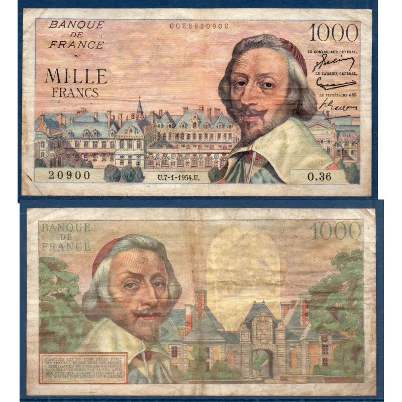 1000 Francs Richelieu, TB-, 7.1.1954 Billet de la banque de France