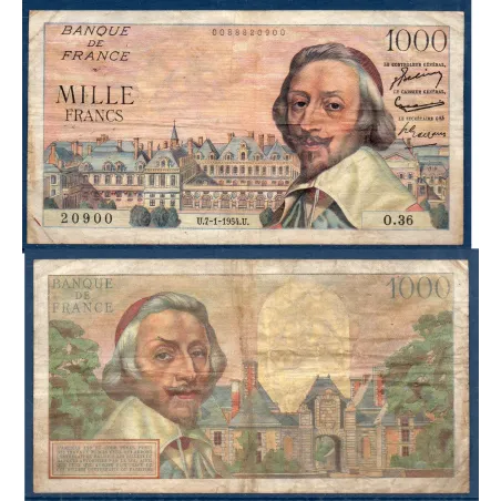 1000 Francs Richelieu, TB-, 7.1.1954 Billet de la banque de France