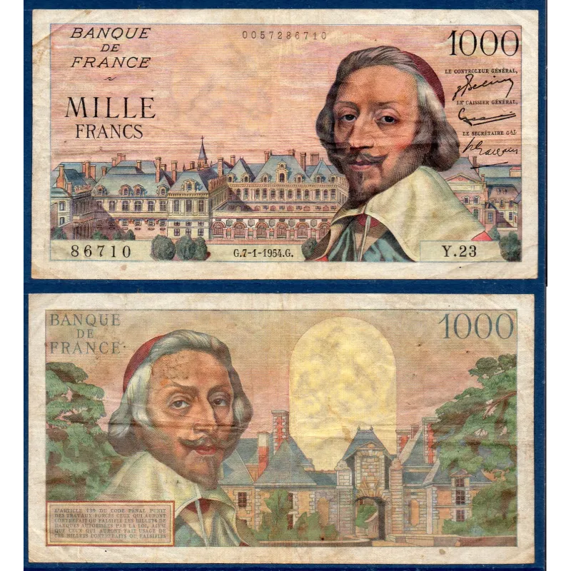1000 Francs Richelieu, TB, 7.1.1954 Billet de la banque de France 1000 Francs Richelieu, TB, 7.1.1954 Billet de la banque de France