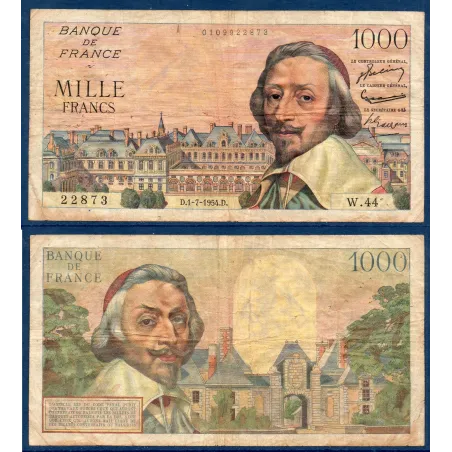 1000 Francs Richelieu, TB-, 1.7.1954 Billet de la banque de France