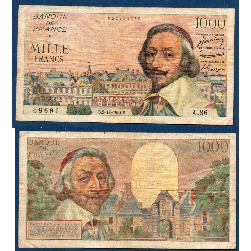 1000 Francs Richelieu, TB-, 1.7.1954 Billet de la banque de France 1000 Francs Richelieu, TB-, 1.7.1954 Billet de la banque de France
