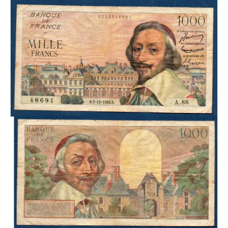 1000 Francs Richelieu, TB-, 1.7.1954 Billet de la banque de France