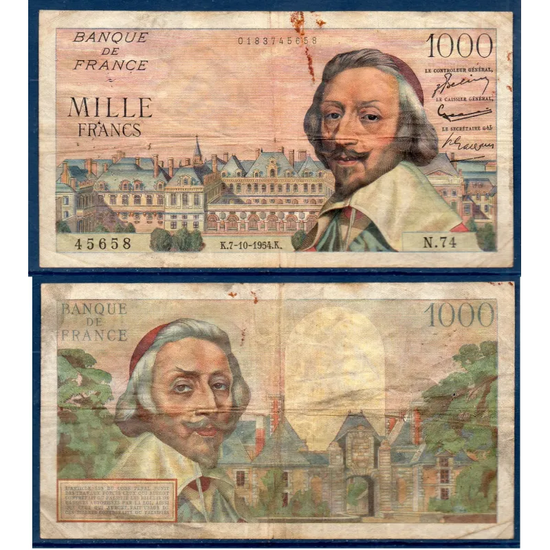 1000 Francs Richelieu, B, 7.10.1954 Billet de la banque de France 1000 Francs Richelieu, B, 7.10.1954 Billet de la banque de France