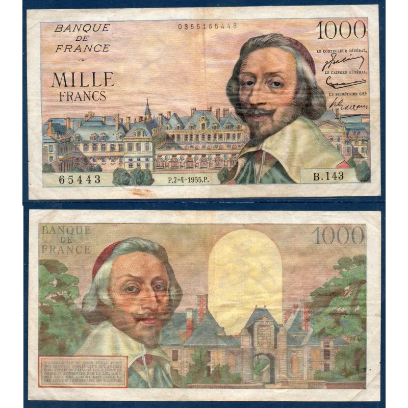 1000 Francs Richelieu, TB, 7.4.1955 Billet de la banque de France 1000 Francs Richelieu, TB, 7.4.1955 Billet de la banque de France
