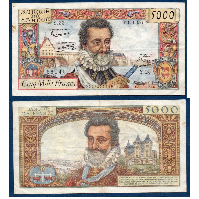 5000 Francs Henri IV, TTB-, 3.10.1957 Billet de la banque de France 5000 Francs Henri IV, TTB-, 3.10.1957 Billet de la banque de France