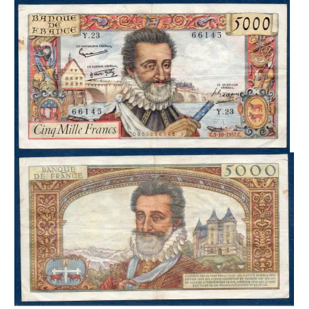 5000 Francs Henri IV, TTB-, 3.10.1957 Billet de la banque de France