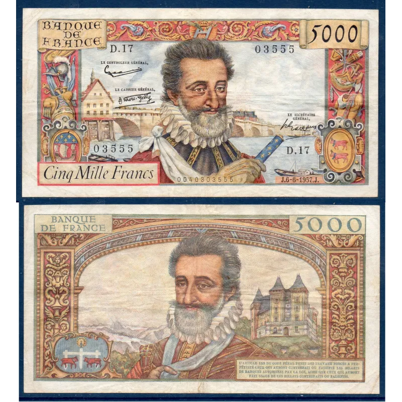 5000 Francs Henri IV, TTB-, 6.6.1957 Billet de la banque de France 5000 Francs Henri IV, TTB-, 6.6.1957 Billet de la banque de France