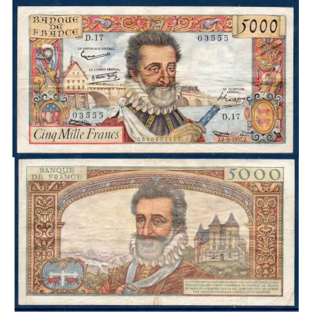 5000 Francs Henri IV, TTB-, 6.6.1957 Billet de la banque de France