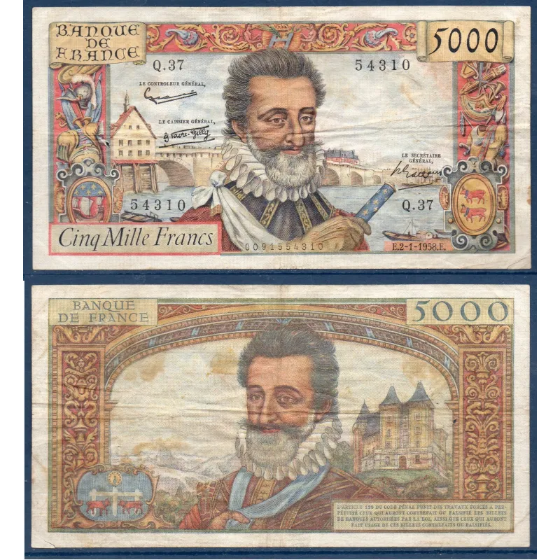 5000 Francs Henri IV, TB, 2.1.1958 Billet de la banque de France 5000 Francs Henri IV, TB, 2.1.1958 Billet de la banque de France