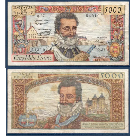 5000 Francs Henri IV, TB, 2.1.1958 Billet de la banque de France