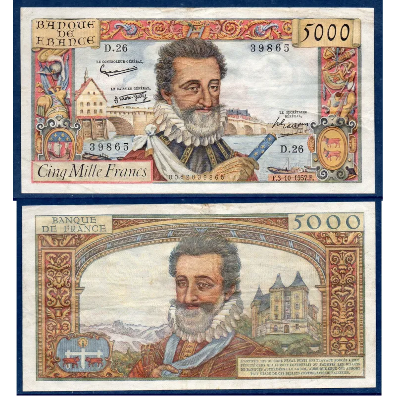 5000 Francs Henri IV, TTB, 3.10.1957 Billet de la banque de France 5000 Francs Henri IV, TTB, 3.10.1957 Billet de la banque de France