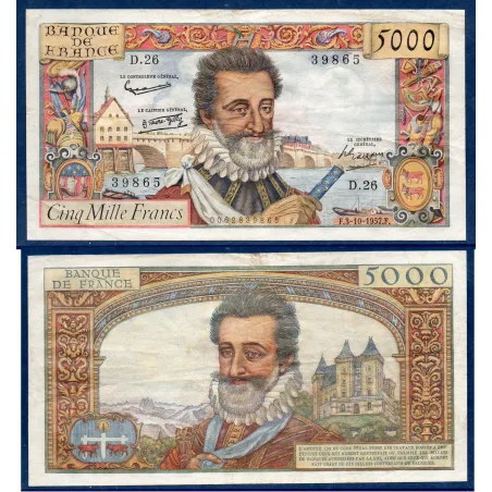 5000 Francs Henri IV, TTB, 3.10.1957 Billet de la banque de France