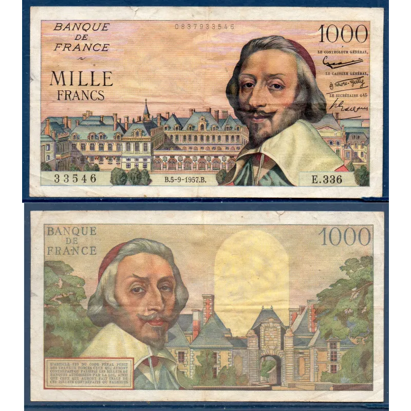 1000 Francs Richelieu, TB, 5.9.1957 Billet de la banque de France 1000 Francs Richelieu, TB, 5.9.1957 Billet de la banque de France