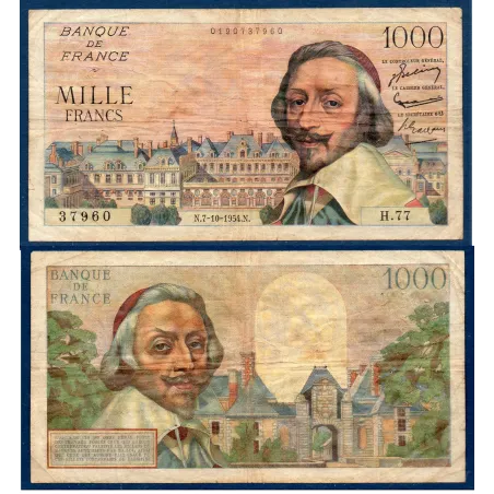 1000 Francs Richelieu, TB-, 7.10.1954 Billet de la banque de France