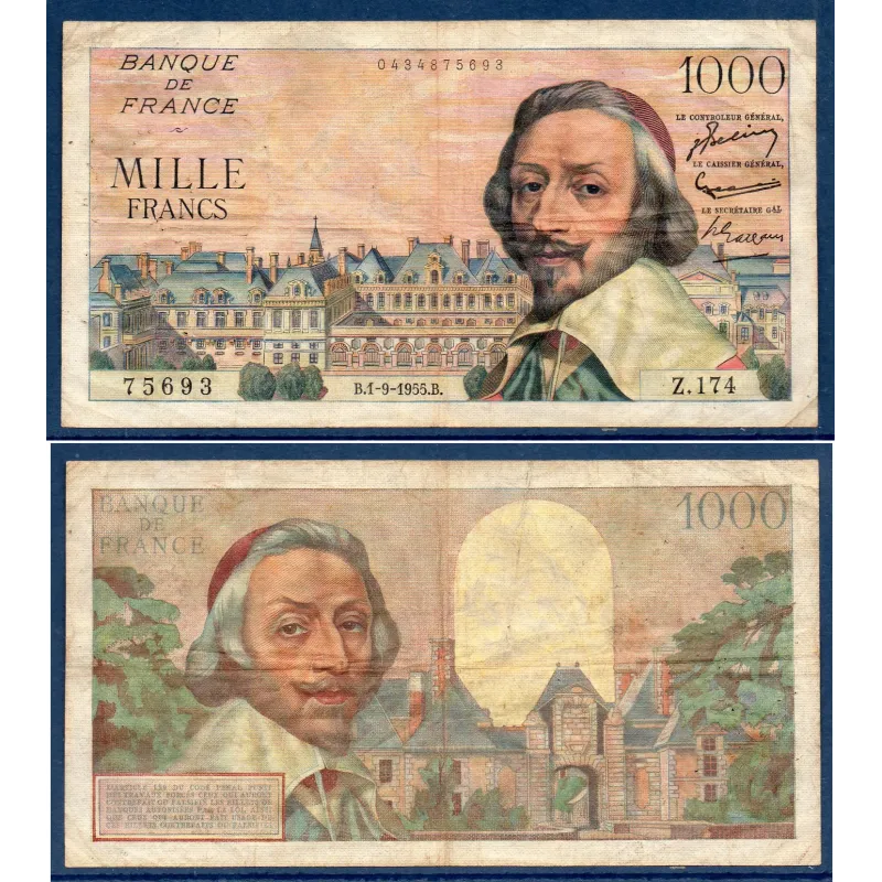 1000 Francs Richelieu, TB-, 1.9.1955 Billet de la banque de France 1000 Francs Richelieu, TB-, 1.9.1955 Billet de la banque de France