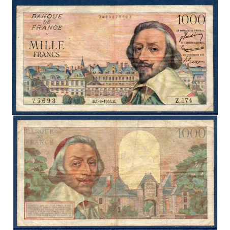 1000 Francs Richelieu, TB-, 1.9.1955 Billet de la banque de France