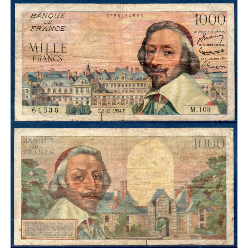 1000 Francs Richelieu, B, 2.12.1954 Billet de la banque de France 1000 Francs Richelieu, B, 2.12.1954 Billet de la banque de France