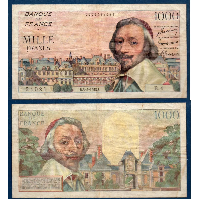 1000 Francs Richelieu, TB, 3.9.1953 Billet de la banque de France 1000 Francs Richelieu, TB, 3.9.1953 Billet de la banque de France