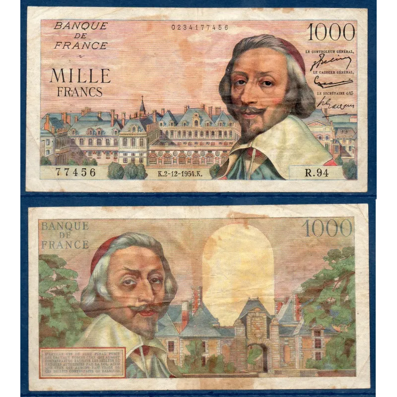 1000 Francs Richelieu, TB, 2.12.1954 Billet de la banque de France 1000 Francs Richelieu, TB, 2.12.1954 Billet de la banque de France