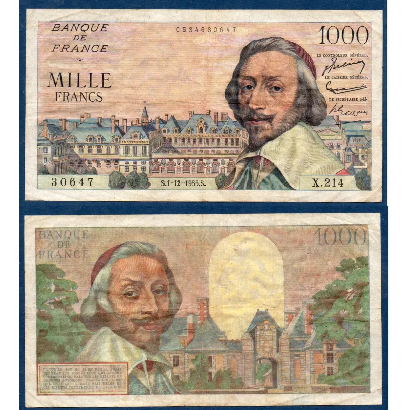 1000 Francs Richelieu, TB, 1.12.1955 Billet de la banque de France 1000 Francs Richelieu, TB, 1.12.1955 Billet de la banque de France