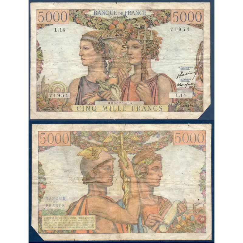 5000 Francs Terre et Mer, TB coupé, 10.3.1949 Billet de la banque de France 5000 Francs Terre et Mer, TB coupé, 10.3.1949 Billet de la banque de France
