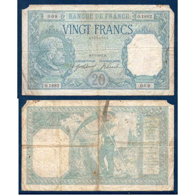 20 Francs Bayard, B coupé, 7.4.1917 Billet de la banque de France 20 Francs Bayard, B coupé, 7.4.1917 Billet de la banque de France