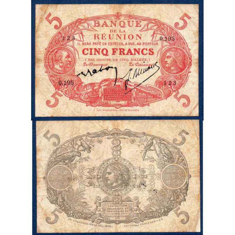 Reunion P.14, TB-, Billet de 5 Francs 1901 Cabasson Reunion P.14, TB-, Billet de 5 Francs 1901 Cabasson