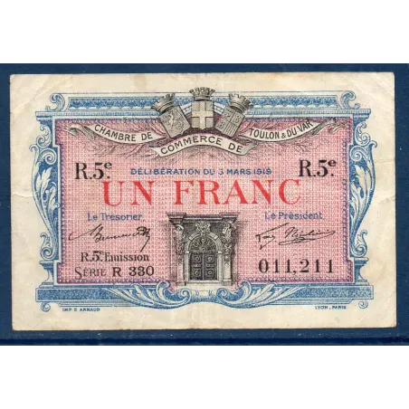 Toulon 1 franc, TB, 3.3.1919 Pirot 121.29 Billet de la chambre de commerce