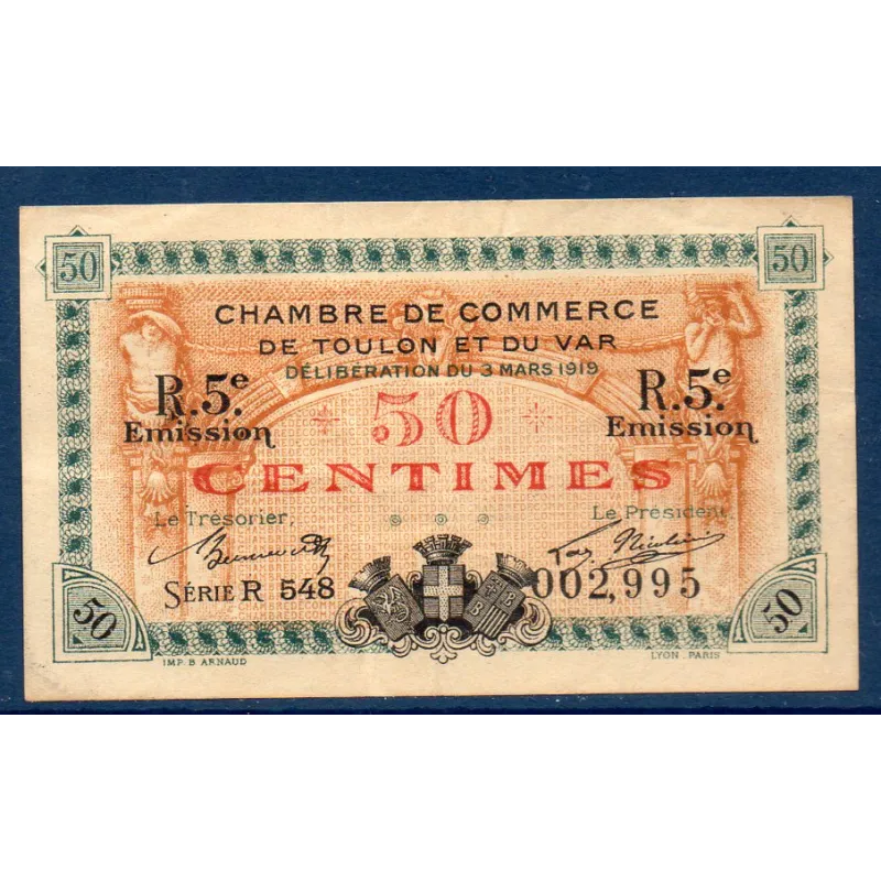 Toulon 50 centimes, TTB, 3.3.1919 Pirot 121.28 Billet de la chambre de commerce Toulon 50 centimes, TTB, 3.3.1919 Pirot 121.28 Billet de la chambre de commerce
