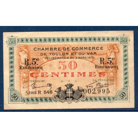 Toulon 50 centimes, TTB, 3.3.1919 Pirot 121.28 Billet de la chambre de commerce