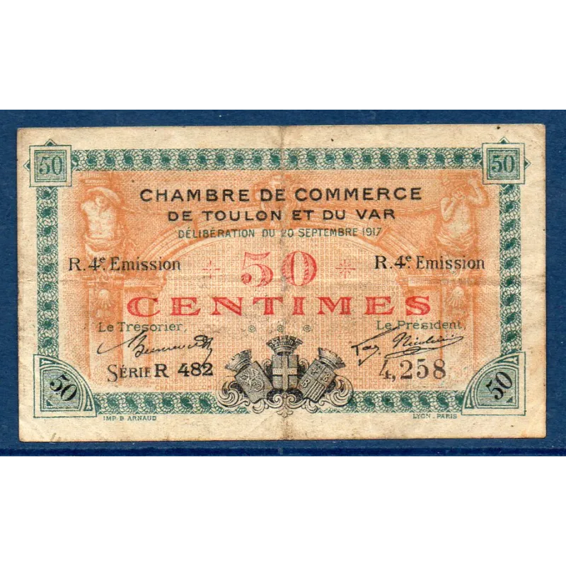 Toulon 50 centimes, TB, 20.9.1917 Pirot 121.22 Billet de la chambre de commerce Toulon 50 centimes, TB, 20.9.1917 Pirot 121.22 Billet de la chambre de commerce