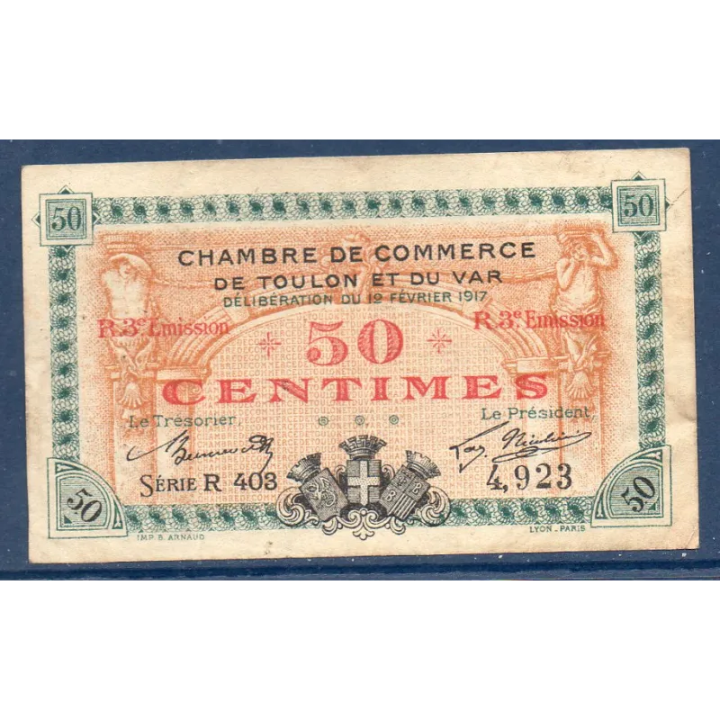 Toulon 50 centimes, TTB, 12.2.1917 Pirot 121.14 Billet de la chambre de commerce Toulon 50 centimes, TTB, 12.2.1917 Pirot 121.14 Billet de la chambre de commerce