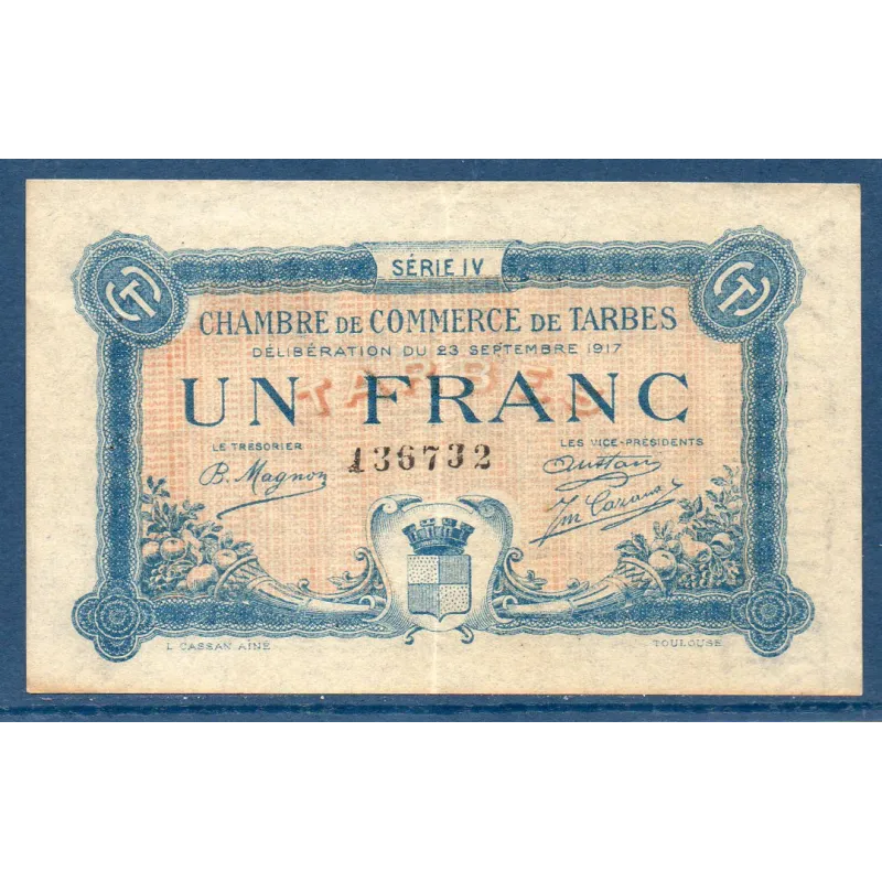 Tarbes 1 franc, TTB, 23.9.1917 Pirot 120.18 Billet de la chambre de commerce Tarbes 1 franc, TTB, 23.9.1917 Pirot 120.18 Billet de la chambre de commerce