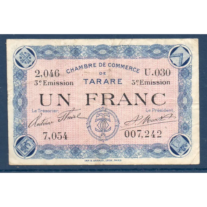 Tarare 1 franc, TTB-, 7.2.1920 Pirot 119.30 Billet de la chambre de commerce Tarare 1 franc, TTB-, 7.2.1920 Pirot 119.30 Billet de la chambre de commerce