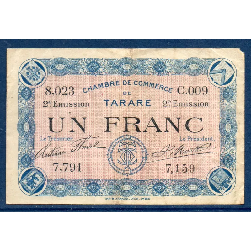 Tarare 1 franc, TB, 21.4.1917 Pirot 119.24 Billet de la chambre de commerce Tarare 1 franc, TB, 21.4.1917 Pirot 119.24 Billet de la chambre de commerce