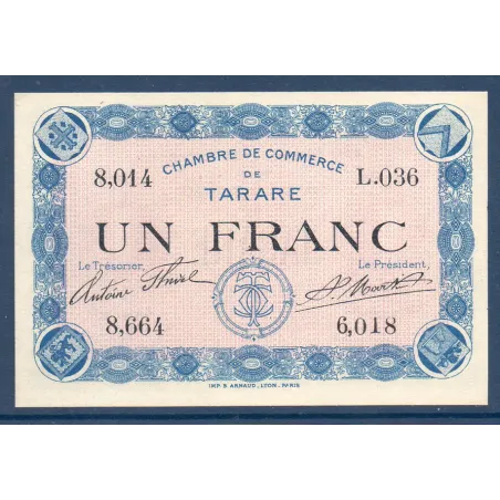 Tarare 1 franc, Neuf, ND Pirot 119.8 Billet de la chambre de commerce
