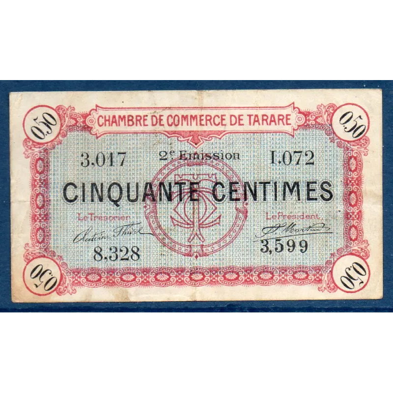 Tarare 50 centimes, TB, 21.4.1917 Pirot 119.23 Billet de la chambre de commerce Tarare 50 centimes, TB, 21.4.1917 Pirot 119.23 Billet de la chambre de commerce